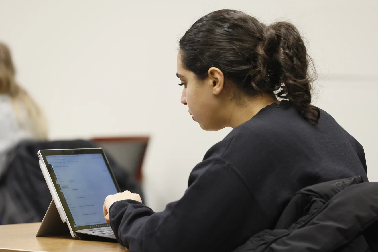 Student on a laptop looking at the screen.
