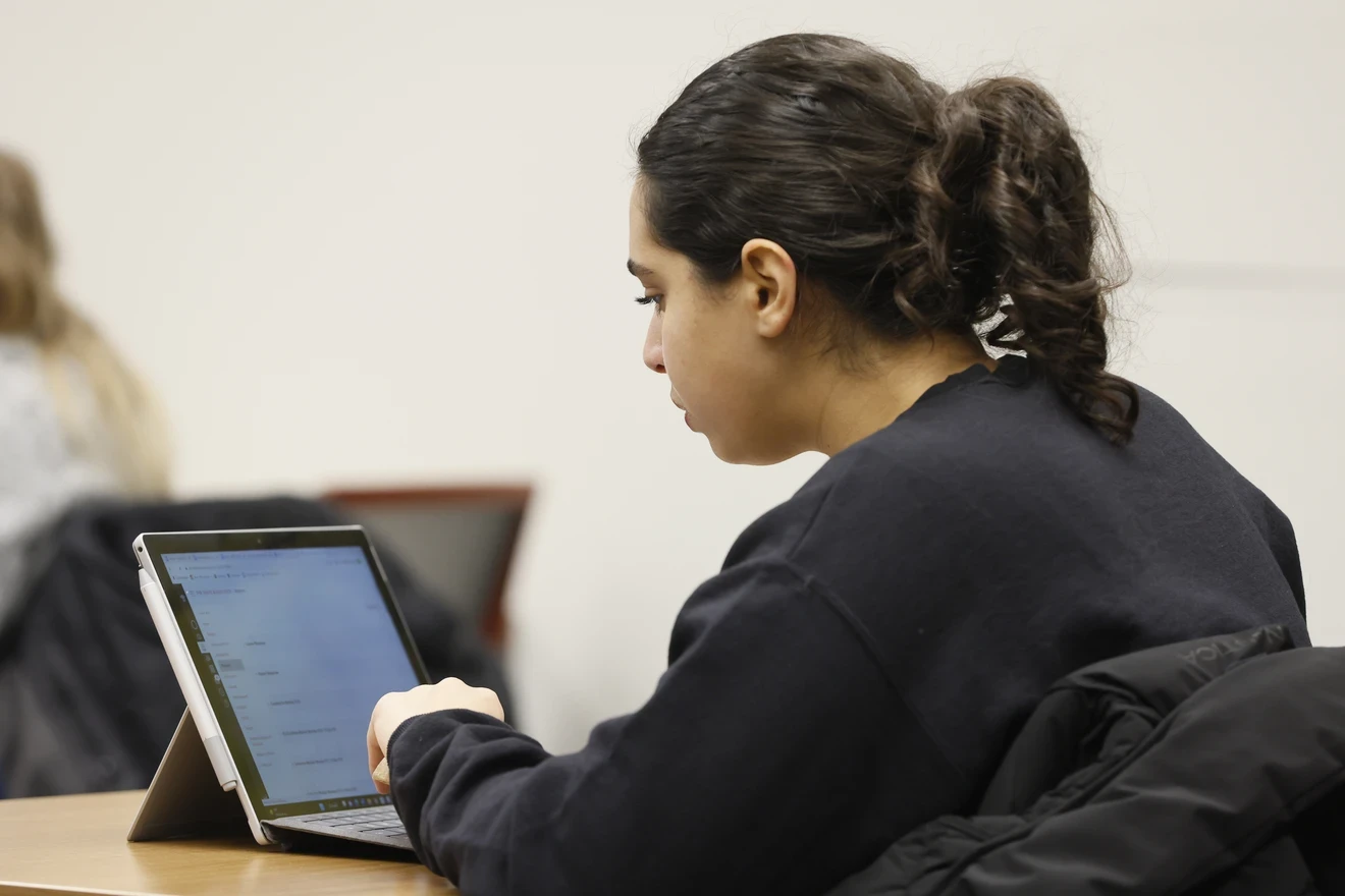Student on a laptop looking at the screen.